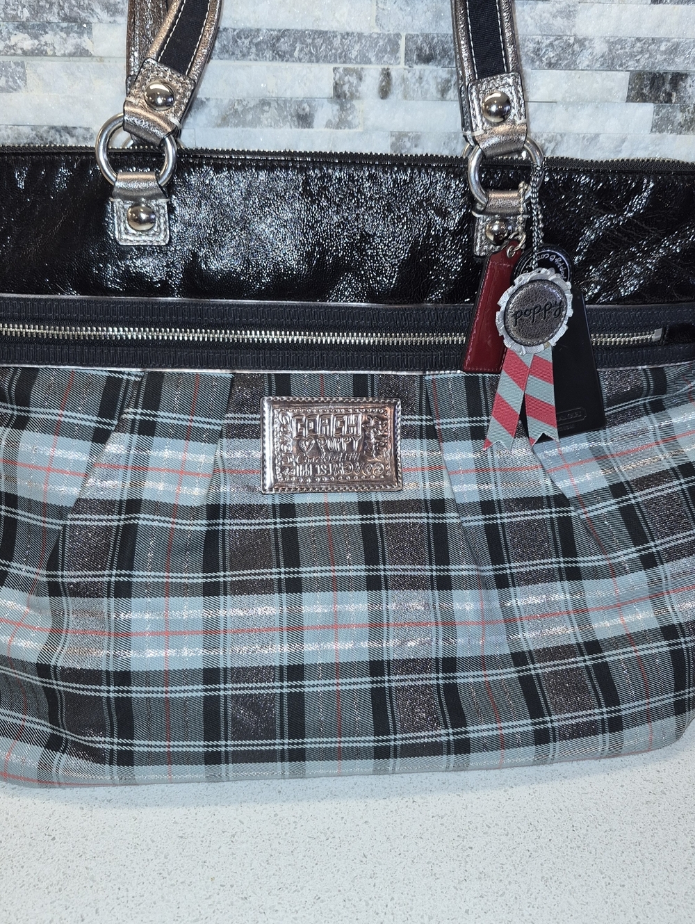 Coach Poppy Limited Edition Tartan Glam Carryall Tote – Black/Blue/Silver Plaid